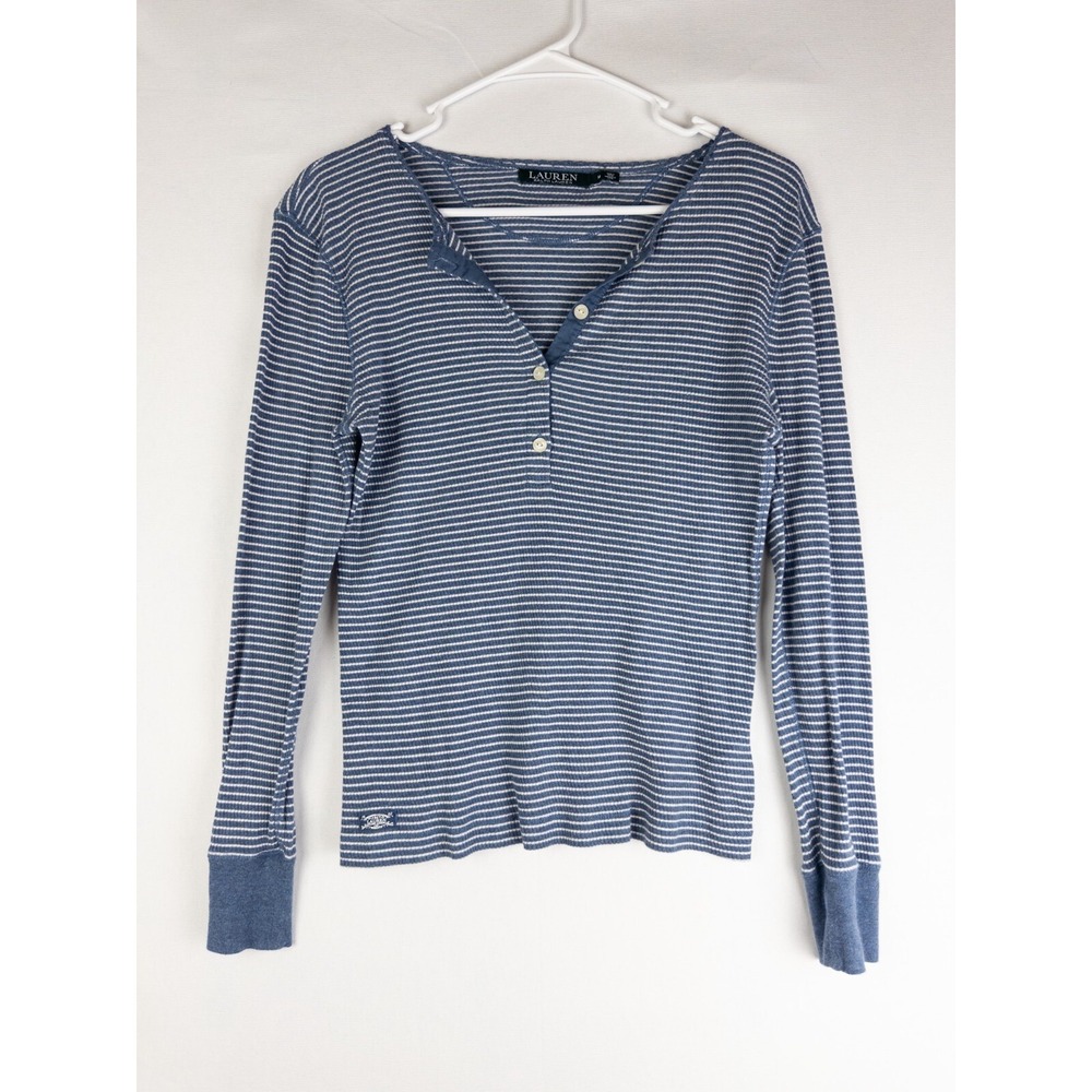 LRL Ralph‎ Lauren Sweater Womens Medium Blue Striped Pullover V Neck Cotton